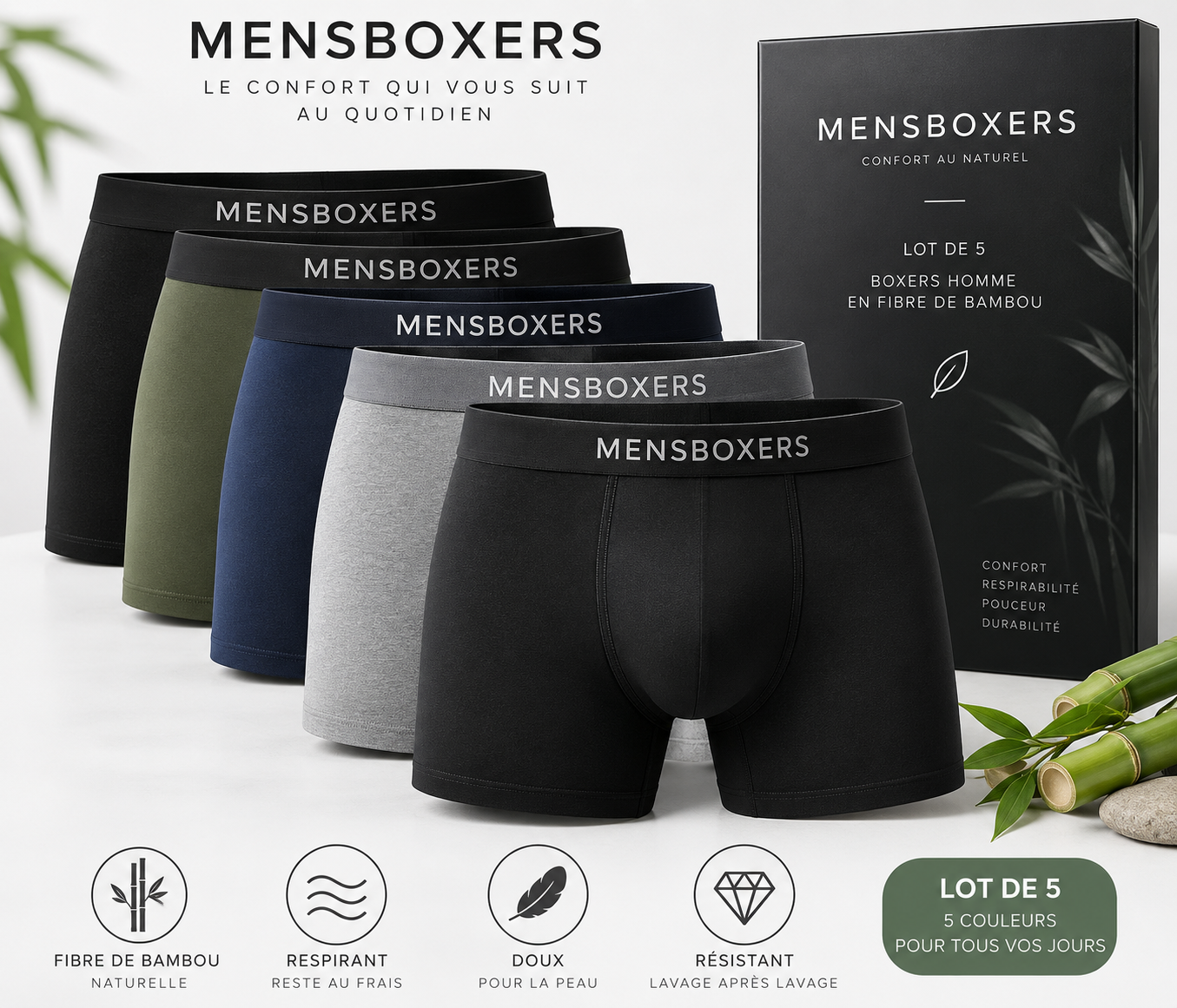 Boxers Homme en Fibre de Bambou – Lot de 5 mens boxers