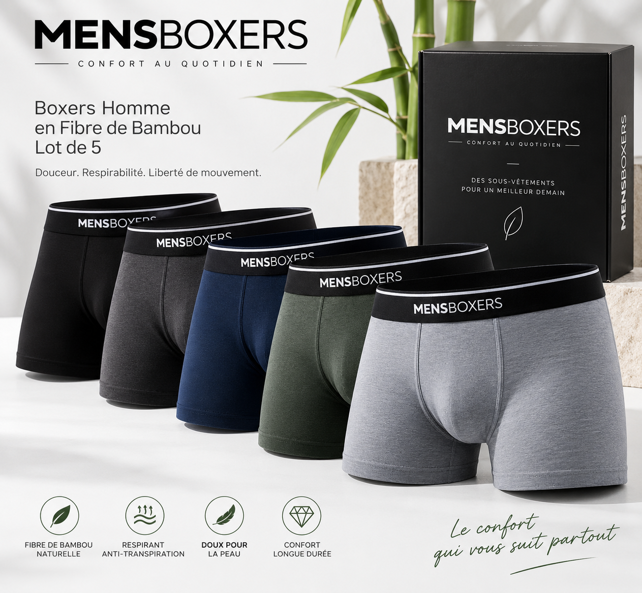 Boxers Homme en Fibre de Bambou – Lot de 5 mens boxers