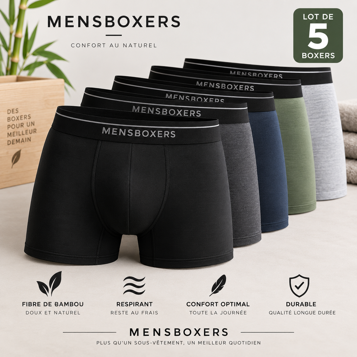 Boxers Homme en Fibre de Bambou – Lot de 5 mens boxers
