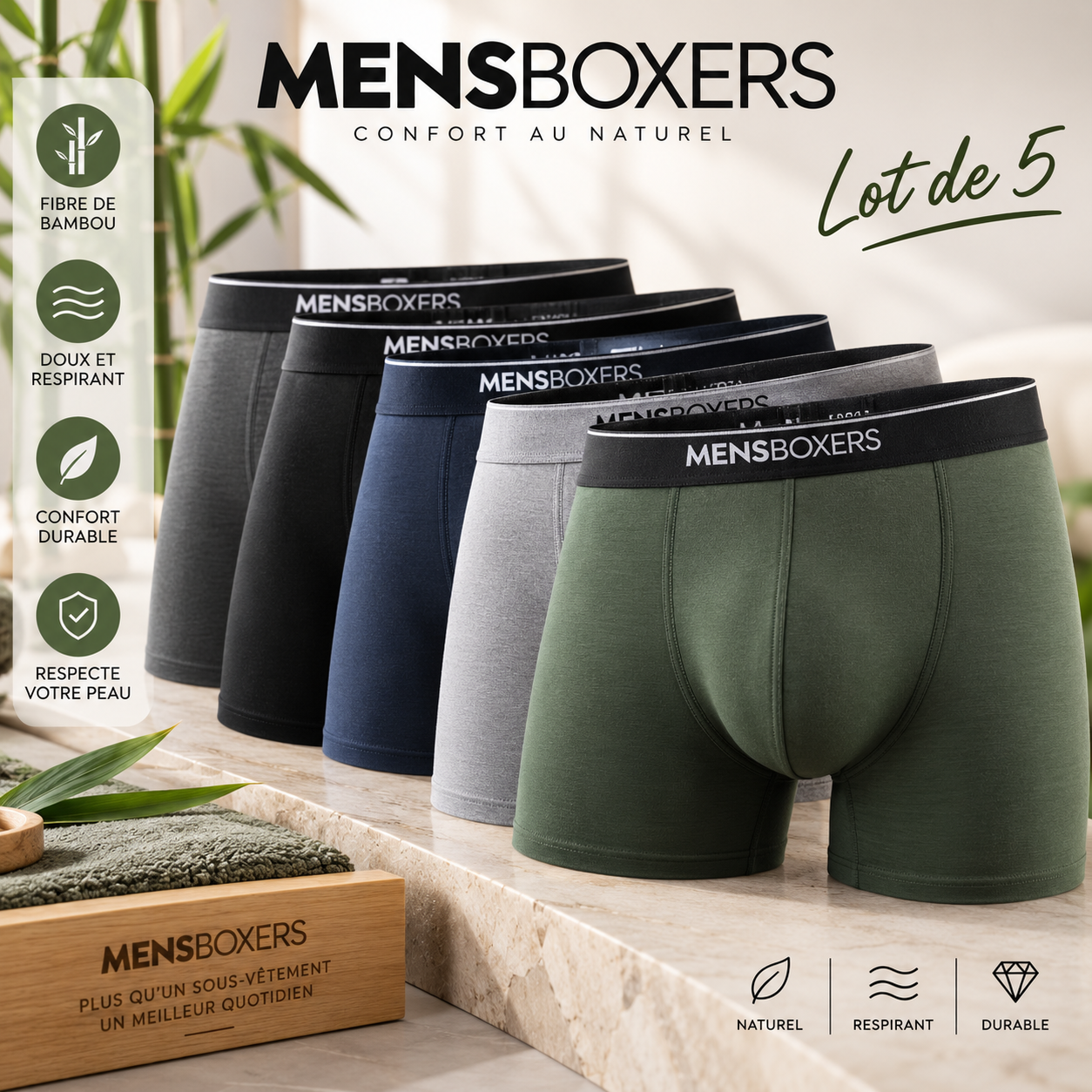 Boxers Homme en Fibre de Bambou – Lot de 5 mens boxers