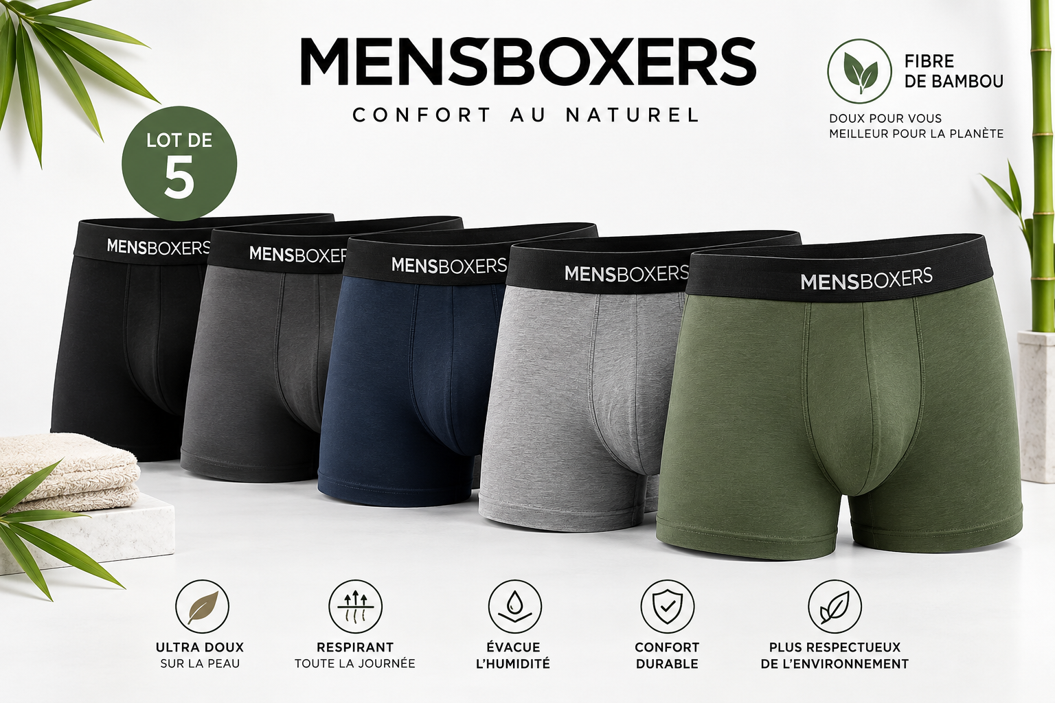 Boxers Homme en Fibre de Bambou – Lot de 5 mens boxers
