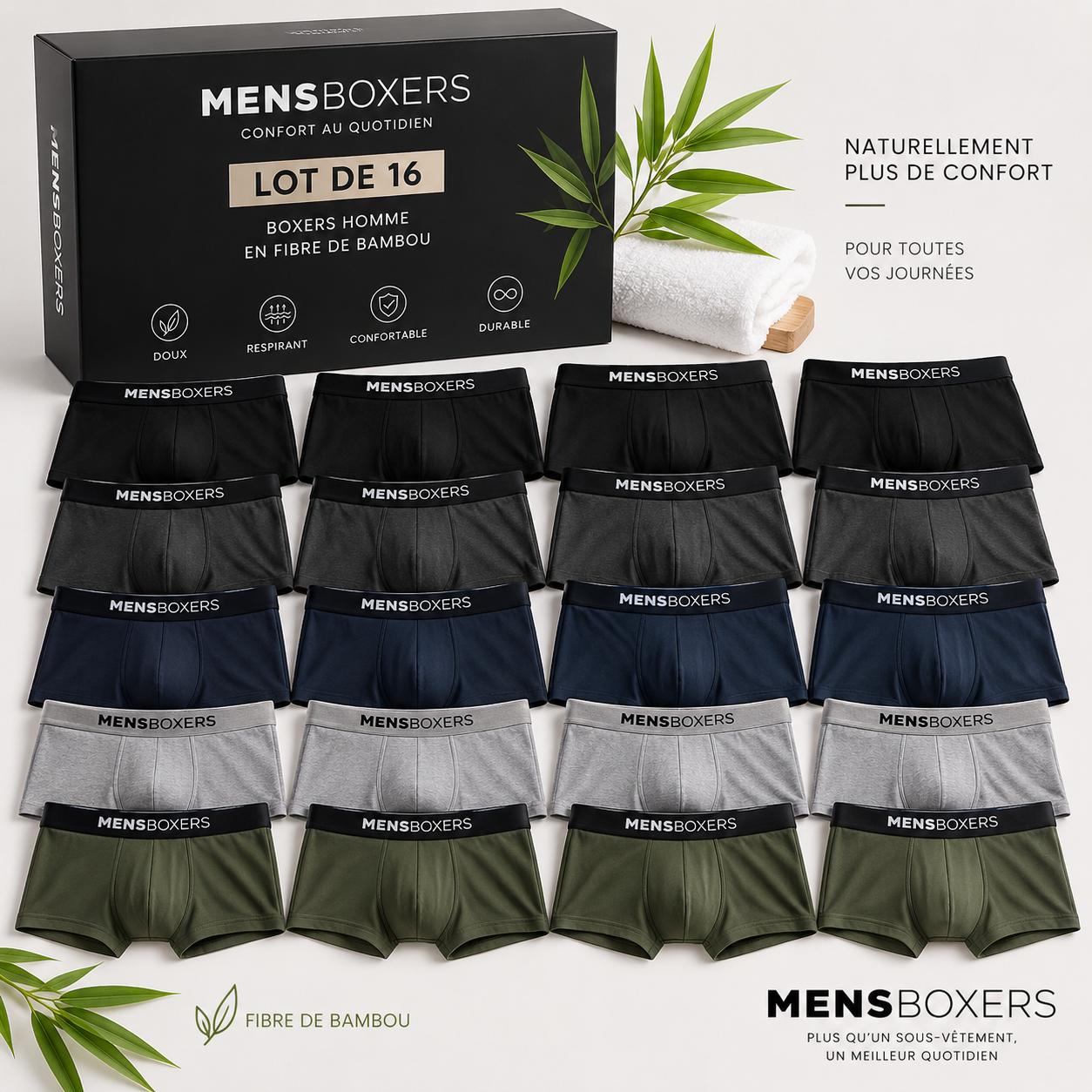 Lot de 16 boxers homme MENSBOXERS en fibre de bambou – présentation produit